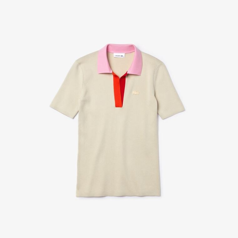 Lacoste Polo Collar Two-Tone Pamut Pulóver Bézs Rózsaszín Piros | ecZCDsEV