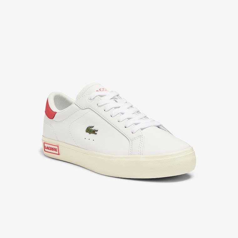 Lacoste Powercourt Bőr Popped Heal Sneakers Fehér Bézs | GgujWQ1C