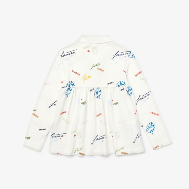 Lacoste Print Flounced Pamut Piqué Polo Shirt Fehér | wV60naQ0