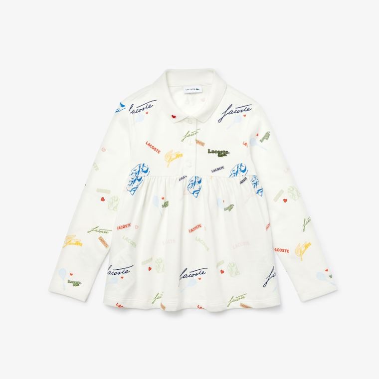 Lacoste Print Flounced Pamut Piqué Polo Shirt Fehér | wV60naQ0