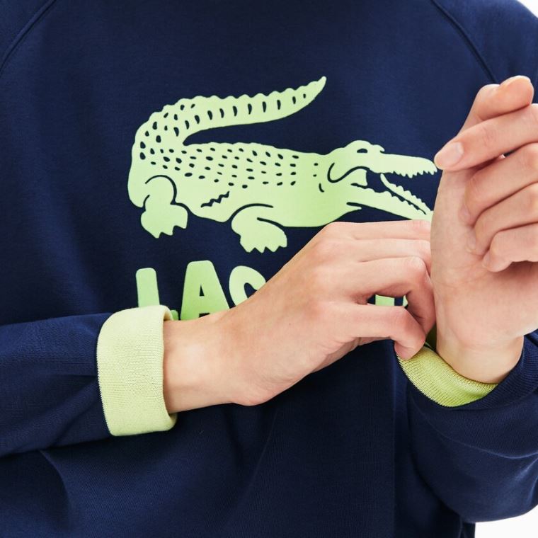 Lacoste Printed Fleece Sweatshirt Sötétkék Kék Sárga | uISgIneb