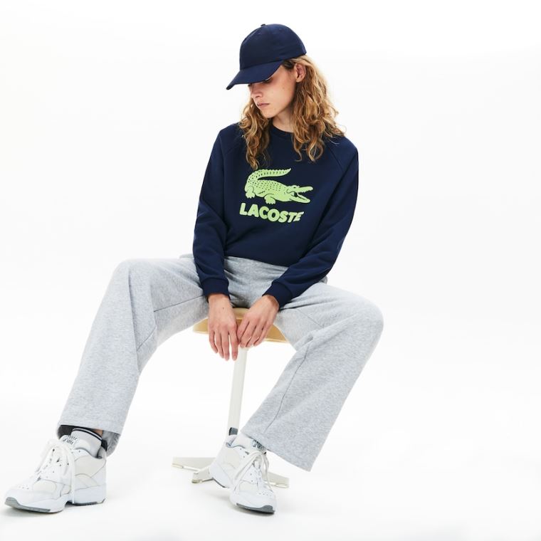 Lacoste Printed Fleece Sweatshirt Sötétkék Kék Sárga | uISgIneb