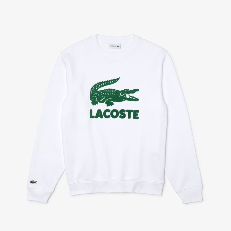 Lacoste Printed Logo Fleece Crew Neck Sweatshirt Fehér | 9w4M00oU