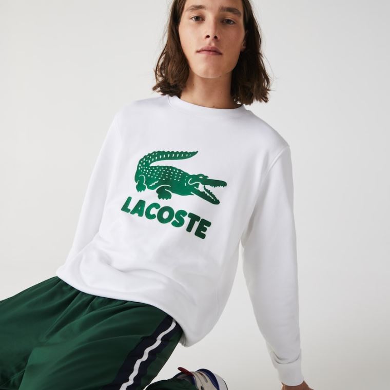 Lacoste Printed Logo Fleece Crew Neck Sweatshirt Fehér | 9w4M00oU