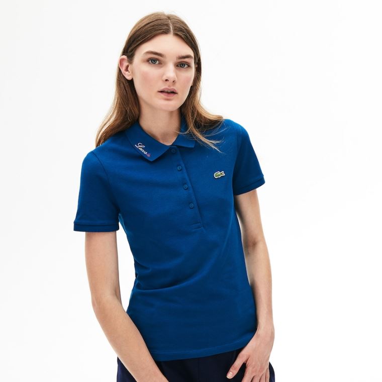 Lacoste Rainbow Script Collar Polo Kék | GikUweNx