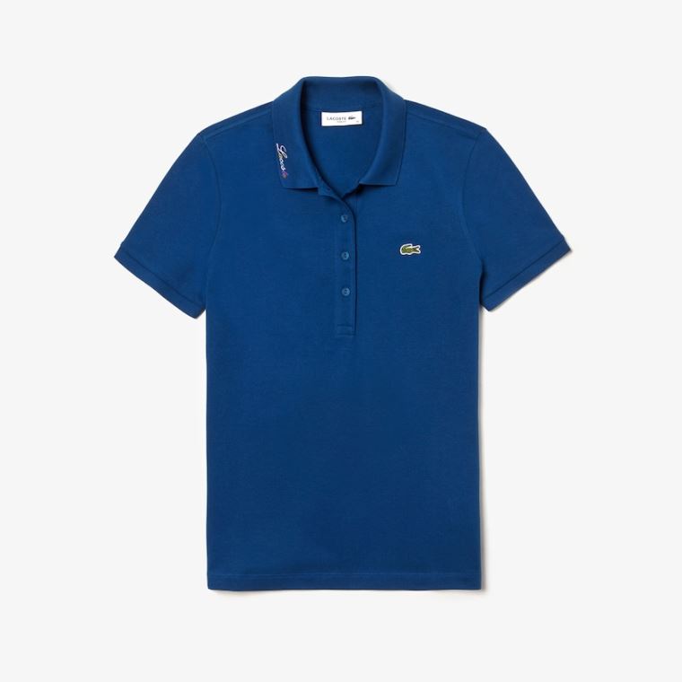 Lacoste Rainbow Script Collar Polo Kék | GikUweNx