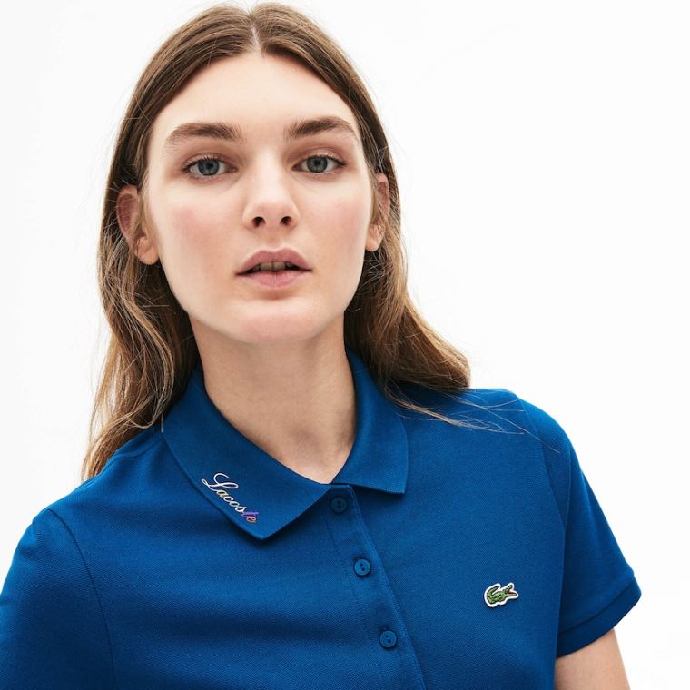 Lacoste Rainbow Script Collar Polo Kék | GikUweNx