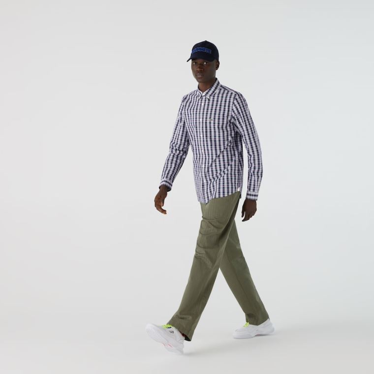 Lacoste Regular Fit Checked Pamut Poplin Shirt Sötétkék Kék Fehér Zöld | OIOrZHJR