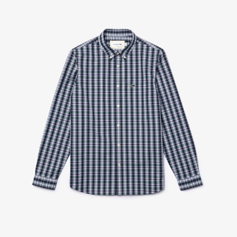 Lacoste Regular Fit Checked Pamut Poplin Shirt Sötétkék Kék Fehér Zöld | OIOrZHJR