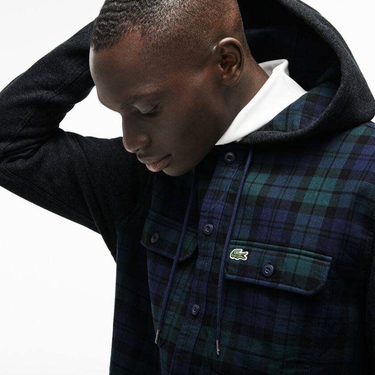 Lacoste Regular Fit Csuklyás Check Pamut Flannel Shirt Zöld Fehér | VGjMFYl1