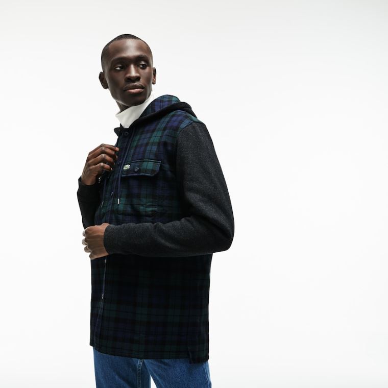 Lacoste Regular Fit Csuklyás Check Pamut Flannel Shirt Zöld Fehér | VGjMFYl1