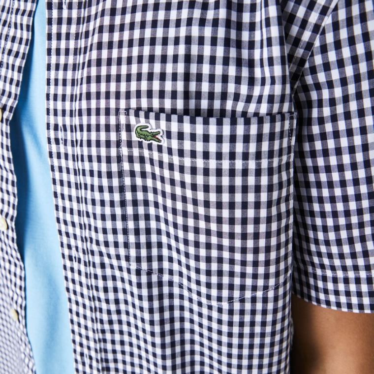 Lacoste Regular Fit Gingham Poplin Shirt Fehér Sötétkék Kék | 5fsPVMfP