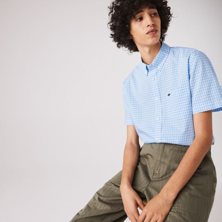 Lacoste Regular Fit Gingham Poplin Shirt Fehér Kék | uSf7AT2Y