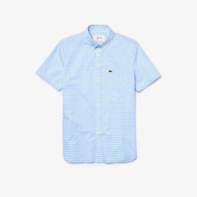 Lacoste Regular Fit Gingham Poplin Shirt Fehér Kék | uSf7AT2Y