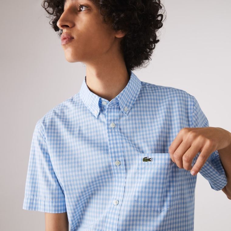 Lacoste Regular Fit Gingham Poplin Shirt Fehér Kék | uSf7AT2Y