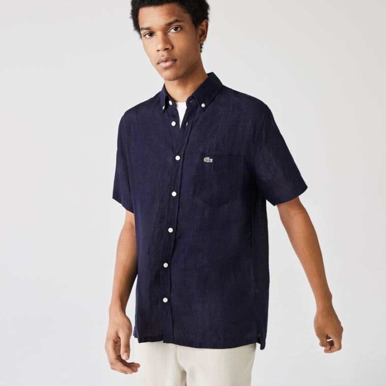 Lacoste Regular Fit Linen Shirt Sötétkék Kék | Sd6PVBLO