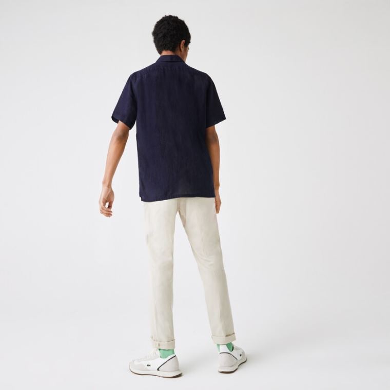 Lacoste Regular Fit Linen Shirt Sötétkék Kék | Sd6PVBLO