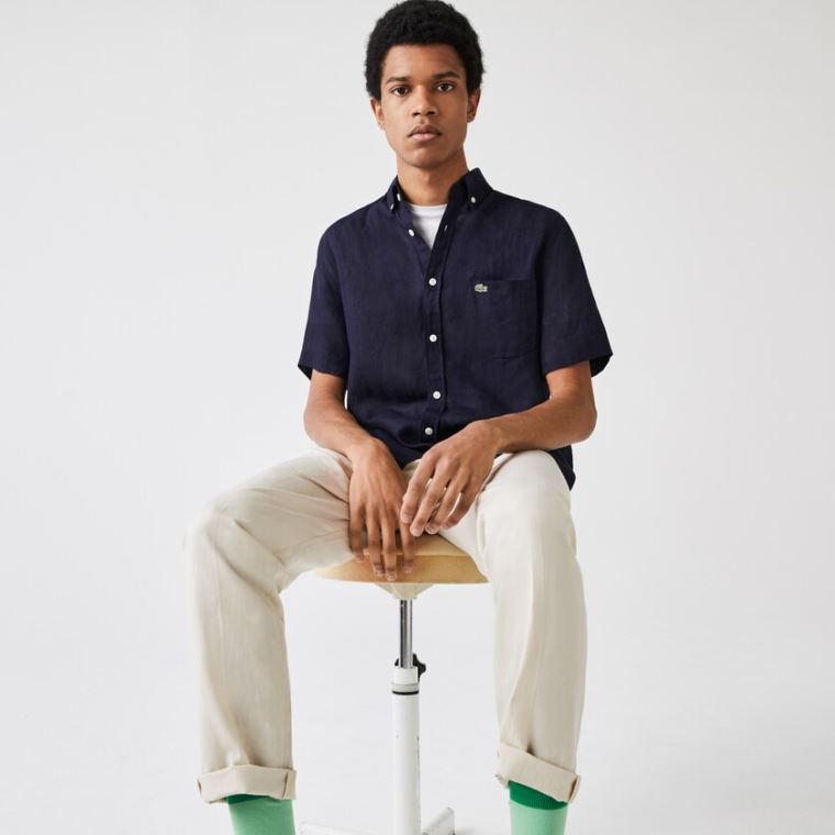 Lacoste Regular Fit Linen Shirt Sötétkék Kék | Sd6PVBLO