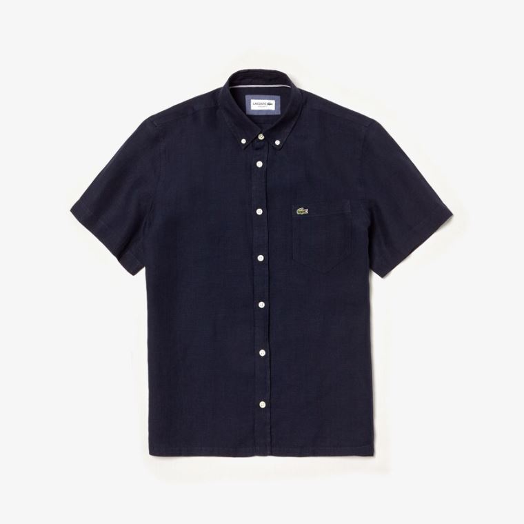 Lacoste Regular Fit Linen Shirt Sötétkék Kék | Sd6PVBLO