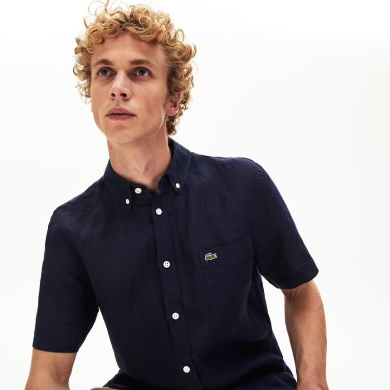 Lacoste Regular Fit Linen Shirt Sötétkék Kék | Sd6PVBLO