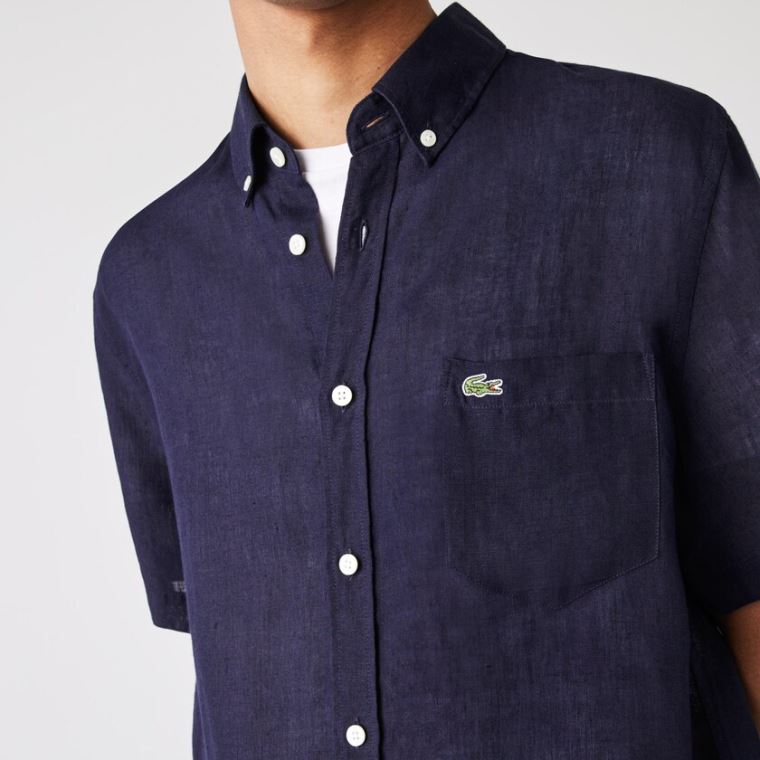 Lacoste Regular Fit Linen Shirt Sötétkék Kék | Sd6PVBLO