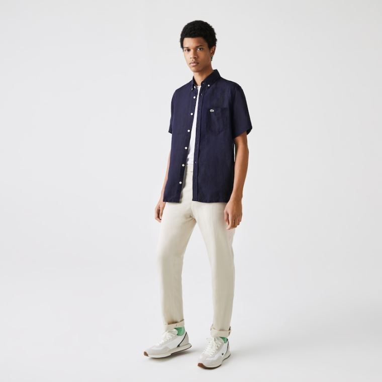 Lacoste Regular Fit Linen Shirt Sötétkék Kék | Sd6PVBLO