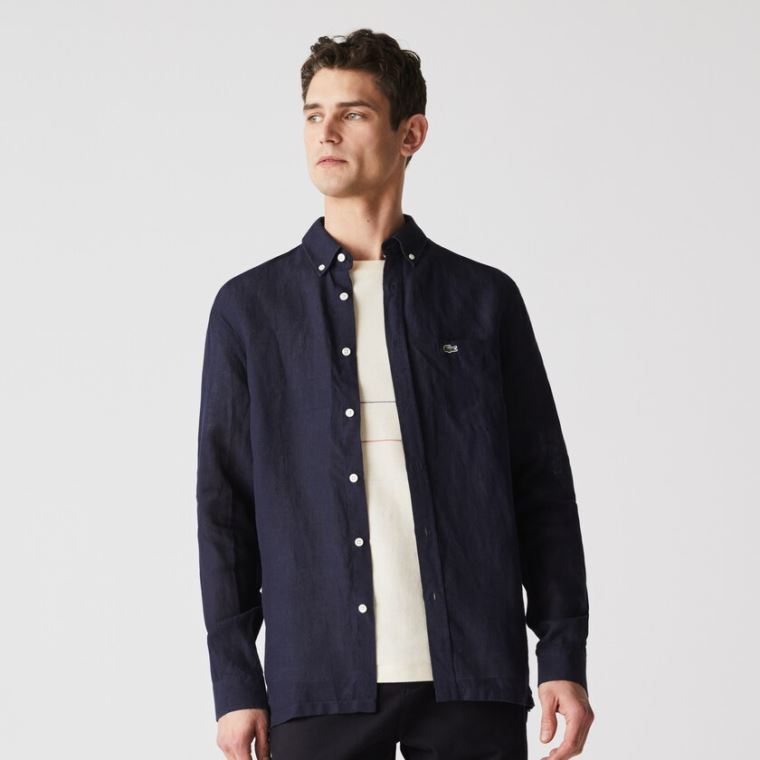 Lacoste Regular Fit Linen Shirt Sötétkék Kék | pvdRtqut