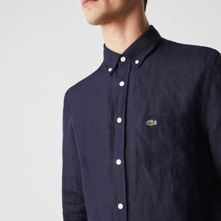 Lacoste Regular Fit Linen Shirt Sötétkék Kék | pvdRtqut