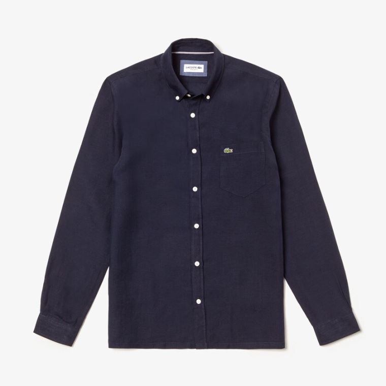 Lacoste Regular Fit Linen Shirt Sötétkék Kék | pvdRtqut