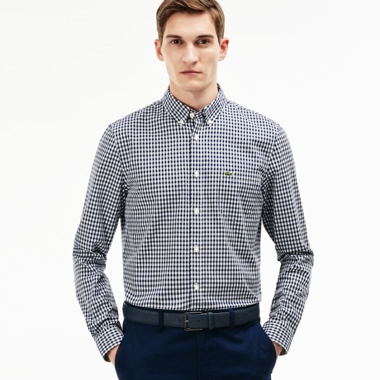 Lacoste Regular Fit Mini Check Poplin Shirt Sötétkék Kék Fehér | 7uEhvYie