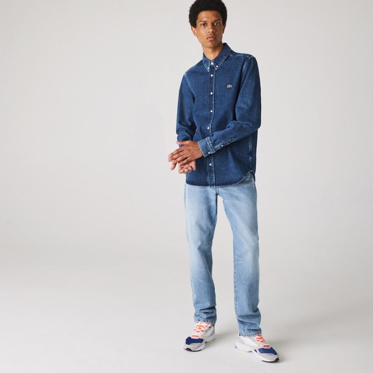 Lacoste Regular Fit Natural Pamut Denim Shirt Kék | dwJSTb6f