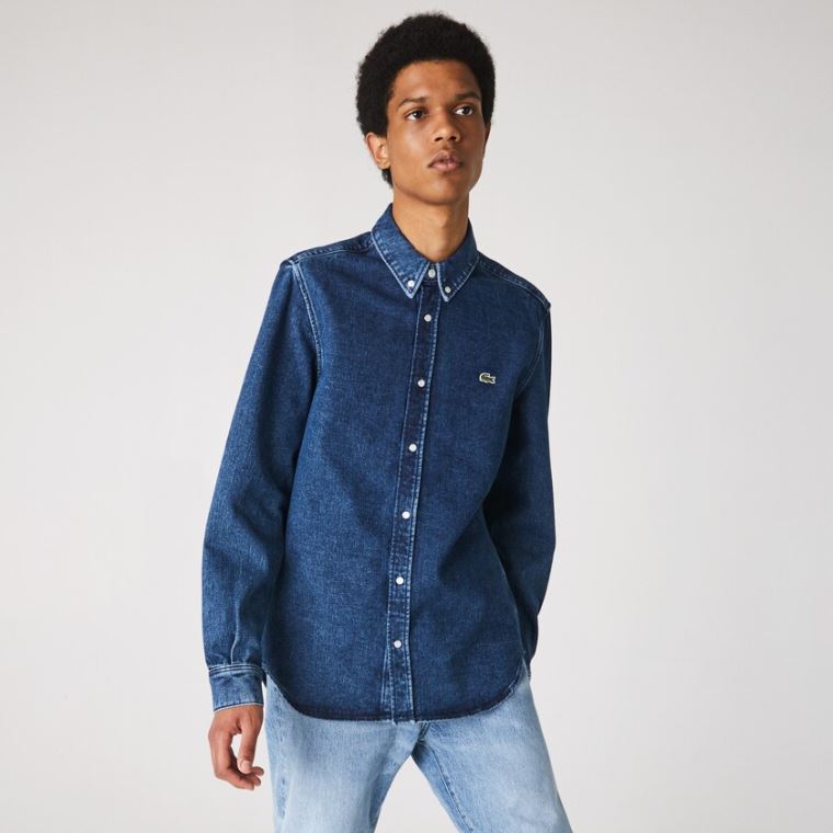 Lacoste Regular Fit Natural Pamut Denim Shirt Kék | dwJSTb6f