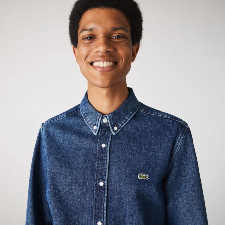 Lacoste Regular Fit Natural Pamut Denim Shirt Kék | dwJSTb6f