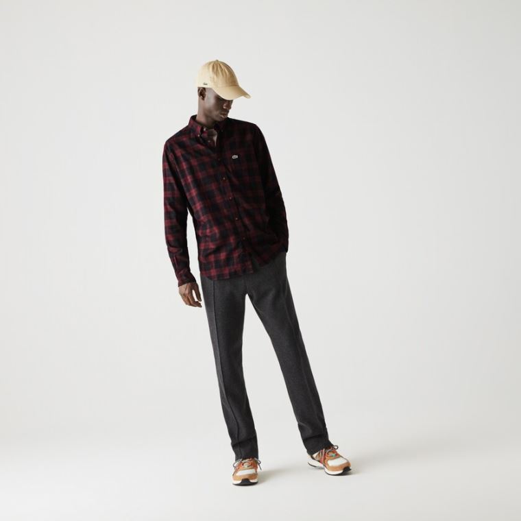 Lacoste Regular Fit Pamut Twill Checkered Shirt Fekete Bordó | V0rBGPka