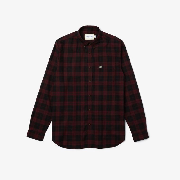 Lacoste Regular Fit Pamut Twill Checkered Shirt Fekete Bordó | V0rBGPka