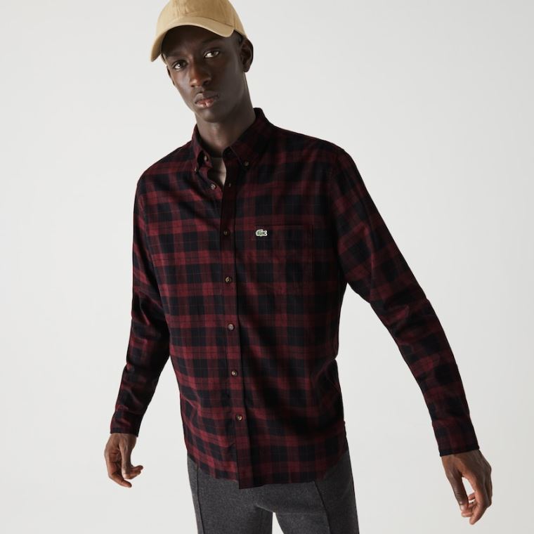 Lacoste Regular Fit Pamut Twill Checkered Shirt Fekete Bordó | V0rBGPka