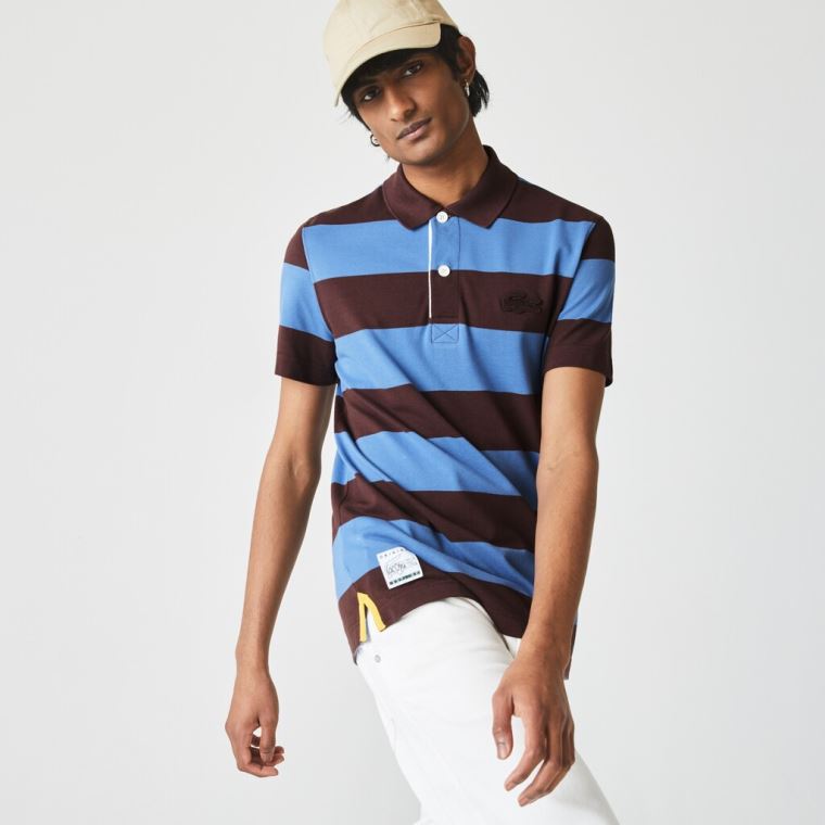 Lacoste Regular Fit Striped Pamut Piqué Polo Shirt Barna Kék | 1JZyL0LN