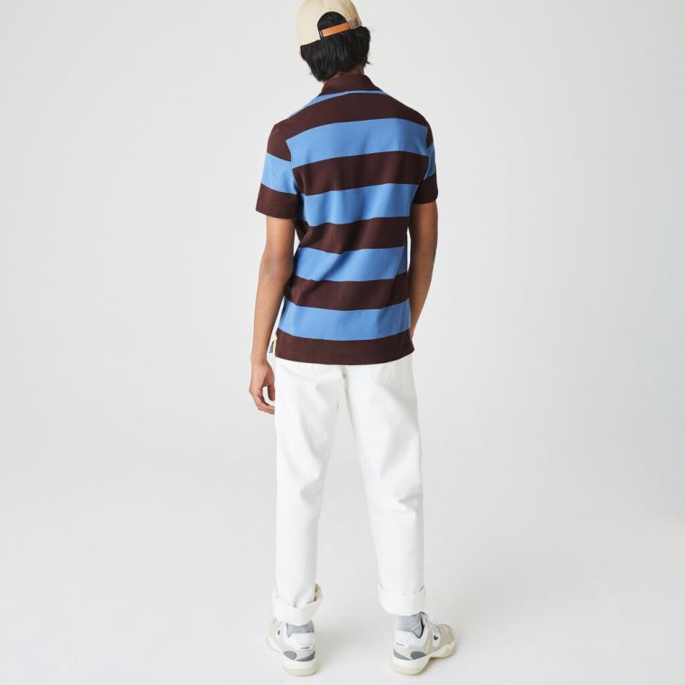 Lacoste Regular Fit Striped Pamut Piqué Polo Shirt Barna Kék | 1JZyL0LN