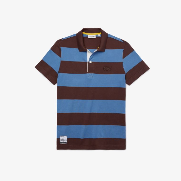 Lacoste Regular Fit Striped Pamut Piqué Polo Shirt Barna Kék | 1JZyL0LN