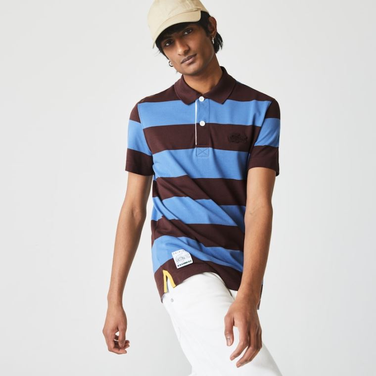 Lacoste Regular Fit Striped Pamut Piqué Polo Shirt Barna Kék | IBQUv8cE