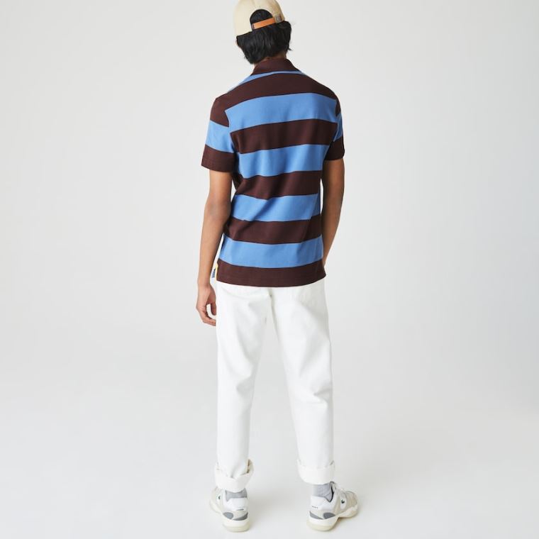 Lacoste Regular Fit Striped Pamut Piqué Polo Shirt Barna Kék | IBQUv8cE