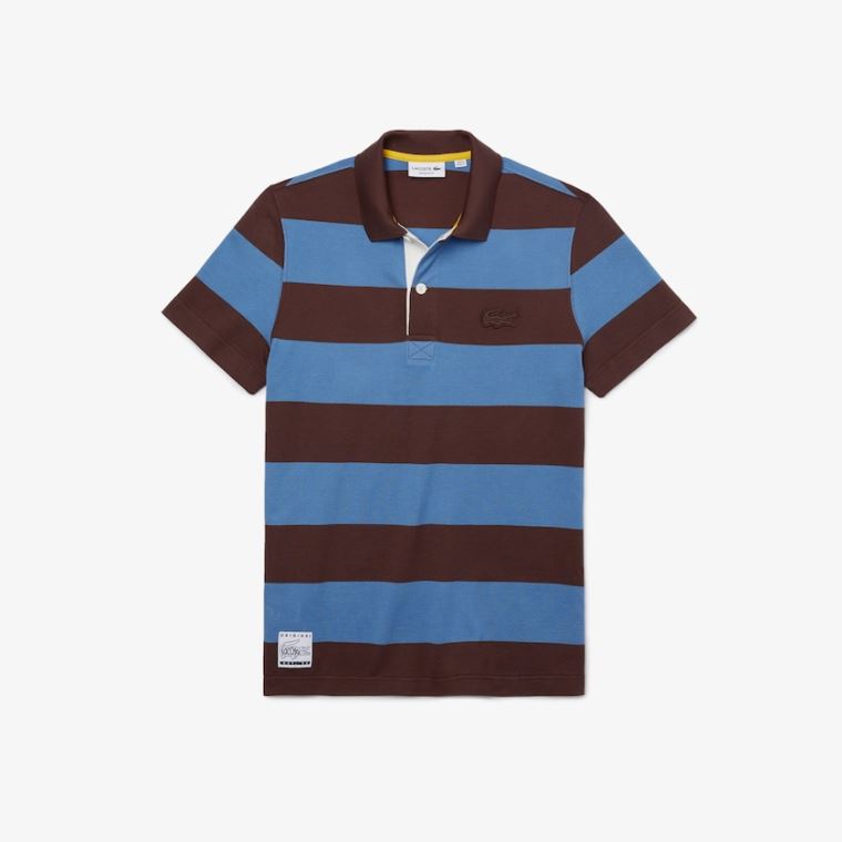 Lacoste Regular Fit Striped Pamut Piqué Polo Shirt Barna Kék | IBQUv8cE