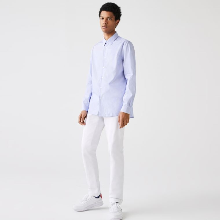 Lacoste Regular Fit Striped Pamut Poplin Shirt Fehér Kék | xkNPpvtz