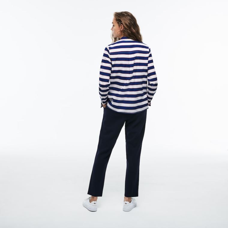 Lacoste Regular Fit Striped Pamut & Silk Voile Shirt Fehér Sötétkék Kék Piros | hqQ9oZTB