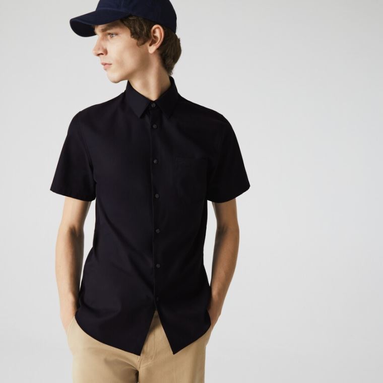 Lacoste Regular Fit Textured Pamut Poplin Shirt Sötétkék Kék | bV2DxIUA