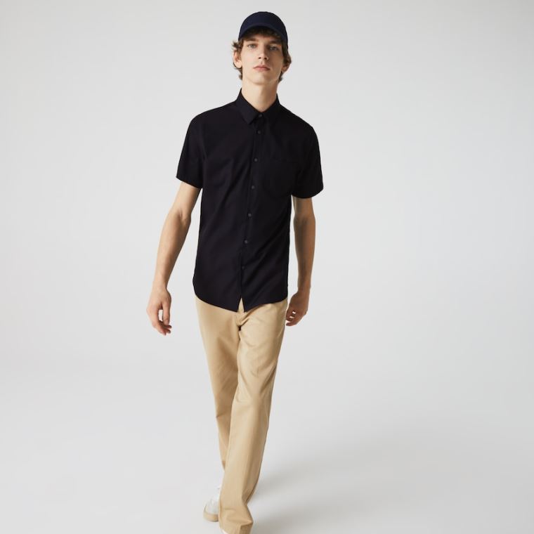 Lacoste Regular Fit Textured Pamut Poplin Shirt Sötétkék Kék | bV2DxIUA