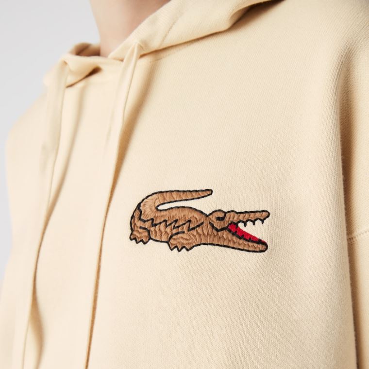 Lacoste Relaxed Embroidered Croc Csuklyás Pamut Pulóver Bézs | myzIDD4y