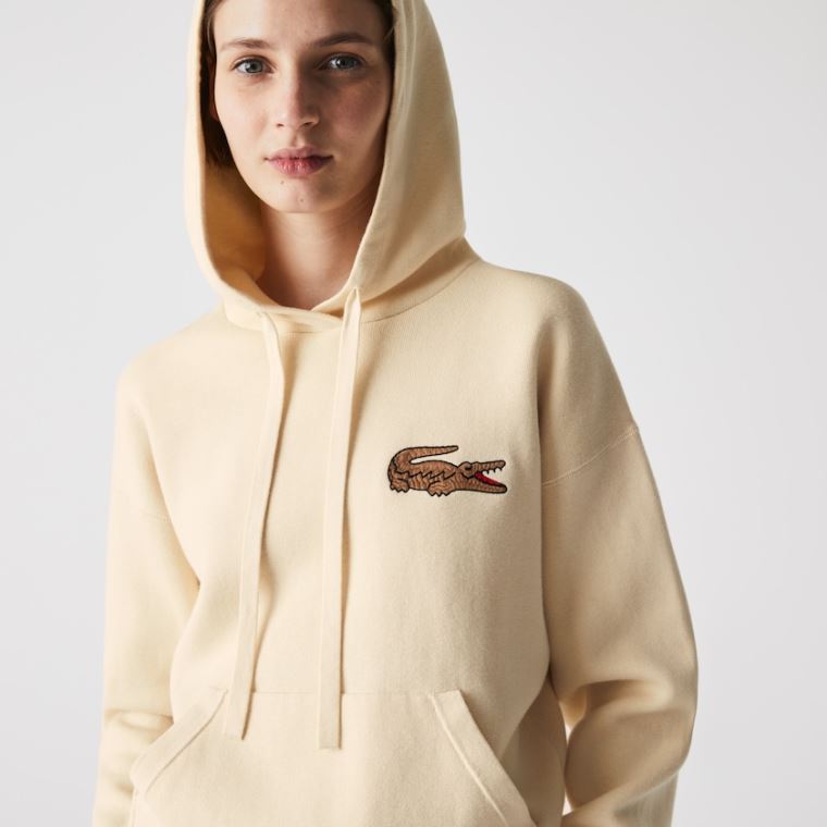 Lacoste Relaxed Embroidered Croc Csuklyás Pamut Pulóver Bézs | myzIDD4y