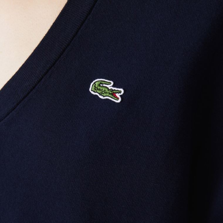 Lacoste Relaxed V-Neck Organic Pamut Pulóver Sötétkék Kék | 2XV1SONt