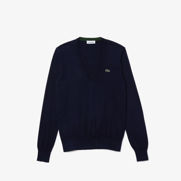 Lacoste Relaxed V-Neck Organic Pamut Pulóver Sötétkék Kék | 2XV1SONt